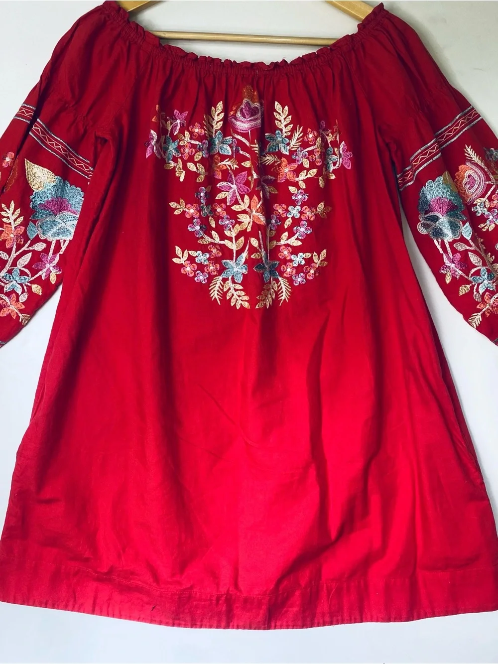Free People Fleur Du Jour Mini Dress Red Embroidered Off Shoulder Boho Peasant M - Picture 9 of 9